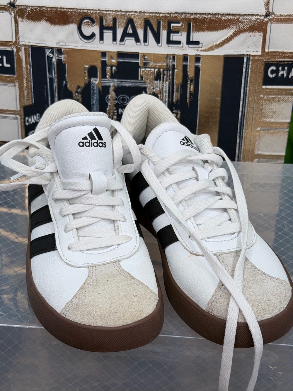 adidas White Sneakers with Black Stripes and Brown Sole